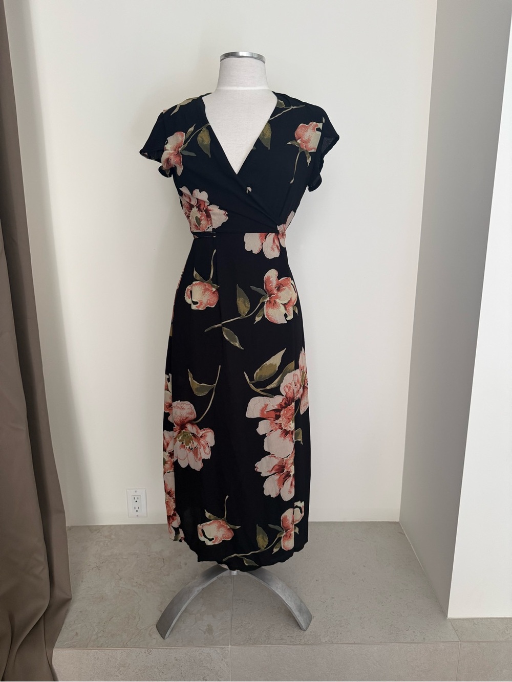 Floral Wrap-Front Maxi Dress in Black and Blush